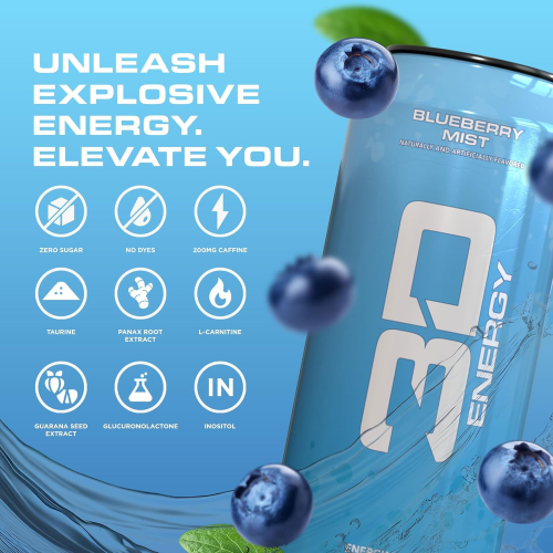 3D Energy Drink Sugar Free 200 mg Caffeine Blueberry Mist 16 FL OZ/ Pack of 12