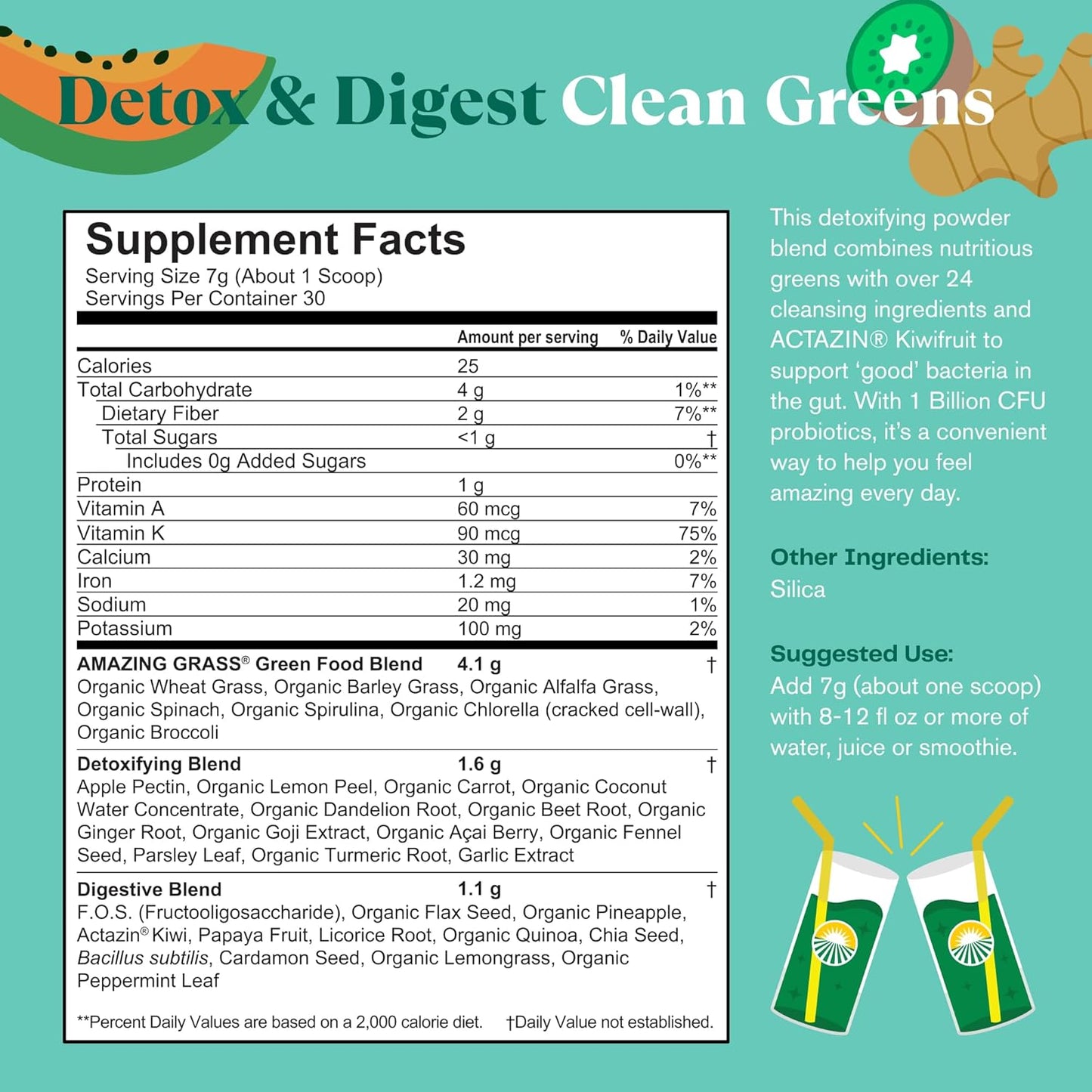 Amazing Grass Greens Superfood Detox & Digest – Clean Green Flavor | Organic Greens Powder with Probiotics & Digestive Enzymes | 30 Servings