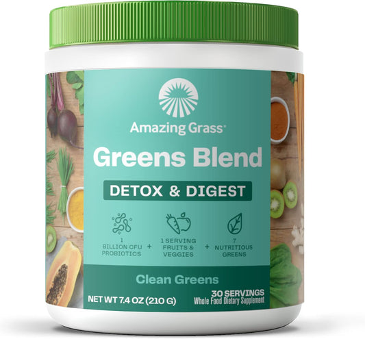Amazing Grass Greens Superfood Detox & Digest – Clean Green Flavor | Organic Greens Powder with Probiotics & Digestive Enzymes | 30 Servings