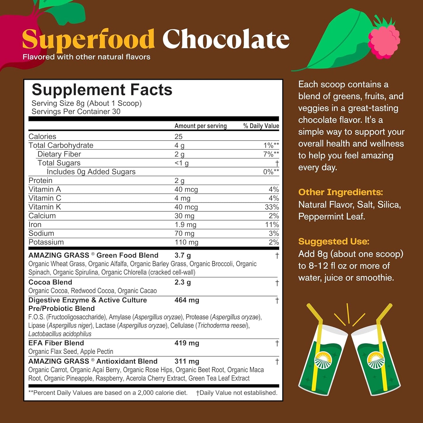 Amazing Grass Greens Superfood Powder – Chocolate Flavor | Organic Greens, Digestive Enzymes & Probiotics | Spirulina, Chlorella & Beet Root Powder | 30 Servings