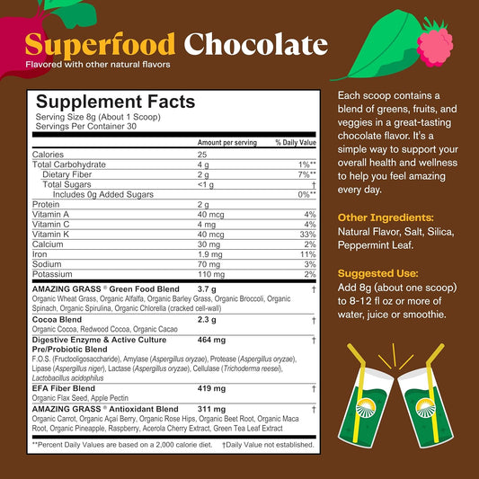 Amazing Grass Greens Superfood Powder – Chocolate Flavor | Organic Greens, Digestive Enzymes & Probiotics | Spirulina, Chlorella & Beet Root Powder | 30 Servings