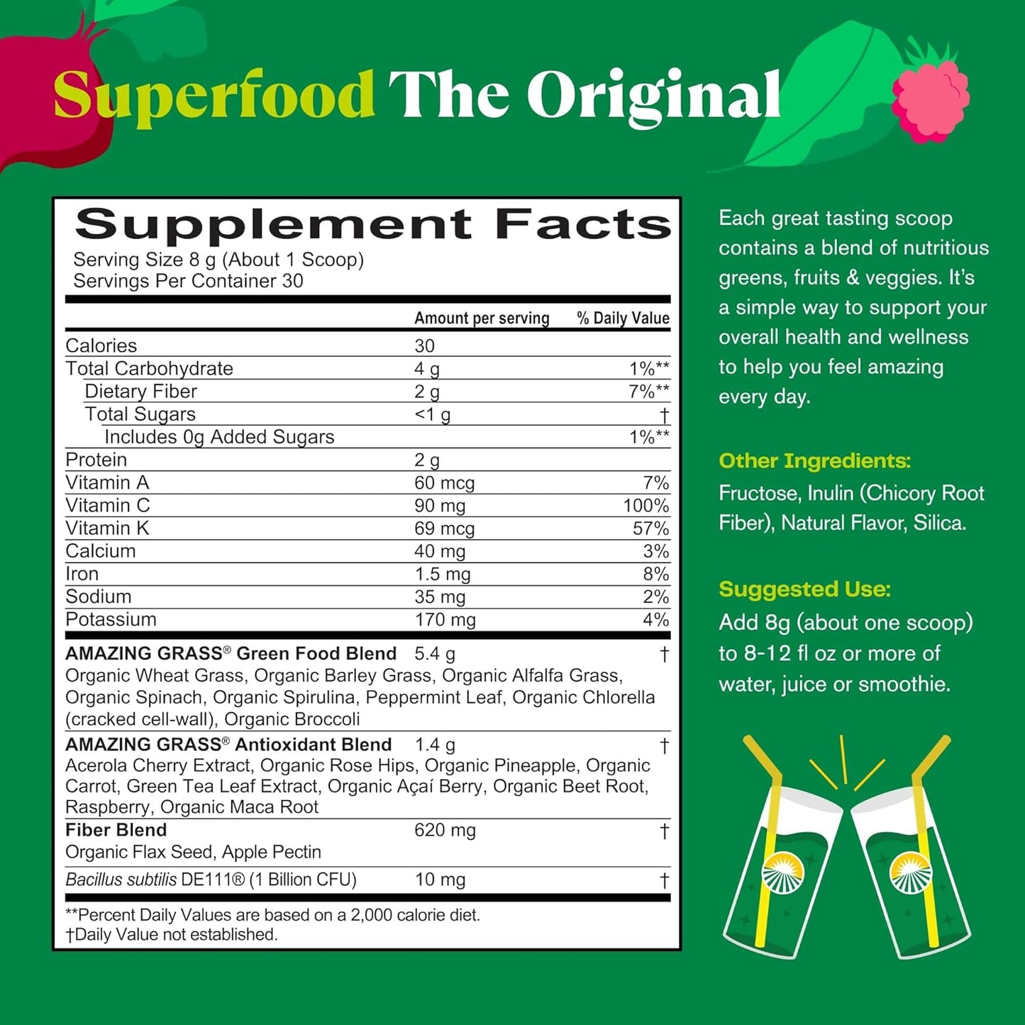 Amazing Grass Greens Blend Superfood – Original Flavor | Organic Greens Powder for Energy & Digestion | Spirulina, Chlorella, Beet Root, Probiotics & Enzymes | 30 Servings