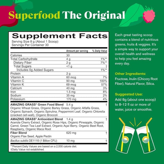 Amazing Grass Greens Blend Superfood – Original Flavor | Organic Greens Powder for Energy & Digestion | Spirulina, Chlorella, Beet Root, Probiotics & Enzymes | 30 Servings
