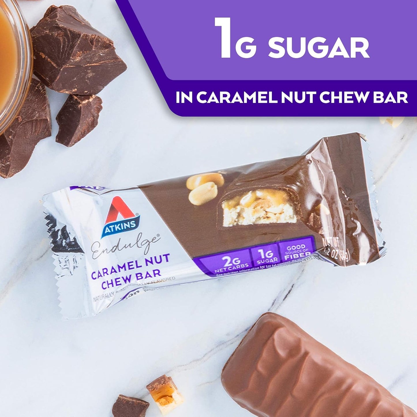 Atkins Endulge Caramel Nut Chew Bar – Dessert Favorite | Low Sugar, High Fiber, Keto-Friendly Snack | 5 Count