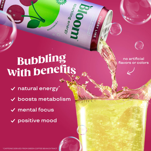 Bloom Nutrition Sparkling Energy Drink – Cherry Lime, 12oz (12 Pack)