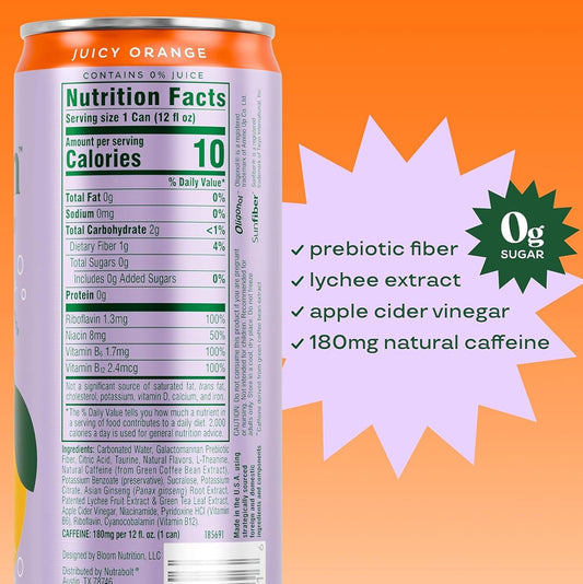 Bloom Nutrition Sparkling Energy Drink – Juicy Orange, 12oz (12 Pack)
