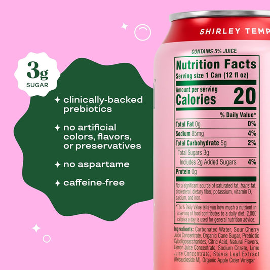 Bloom Pop Prebiotic Soda – Shirley Temple, 12oz Cans (12 Pack) | Low-Calorie, Caffeine-Free Soft Drink Alternative for Gut Health