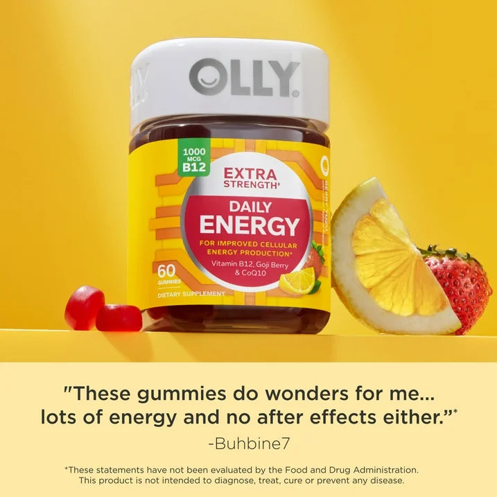OLLY Extra Strength Daily Energy Gummies, 60 Count | 1000 mcg Vitamin B12 Supplement for Energy Support