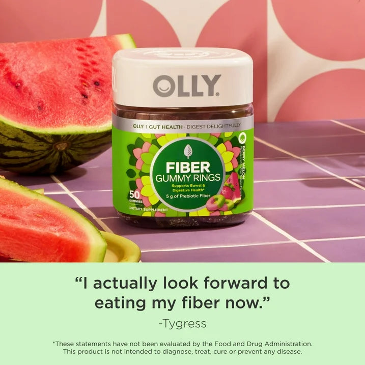 OLLY Fiber Gummy Rings, 50 Count | 5g Prebiotic Fiber with FOS for Digestive Support | Strawberry Watermelon Flavor