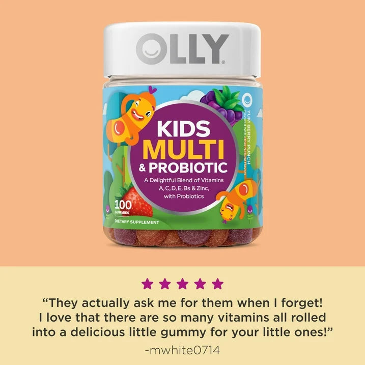 OLLY Kids Multivitamin + Probiotic Gummies, 100 Count | Daily Immune & Digestive Support for Children with Vitamins A, C, D, E, B, and Zinc