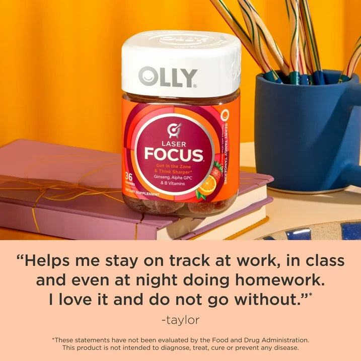 OLLY Laser Focus Gummies, 36 Count | Ginseng Extract & Alpha GPC Supplement for Focus and Cognitive Support