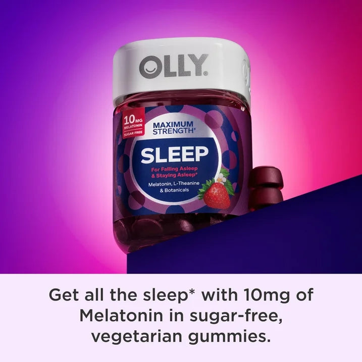 OLLY Maximum Strength Sleep Gummies, 50 Count | 10 mg Melatonin with L-Theanine | Strawberry Flavor Sleep Support
