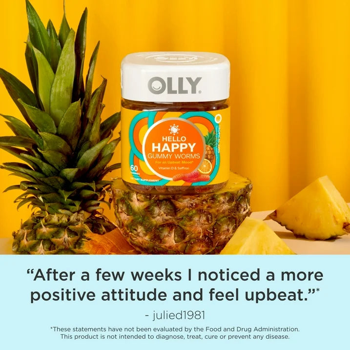 OLLY Hello Happy Gummy Worms, 60 Count | Saffron Extract & Vitamin D Supplement | Tropical Zing Flavor