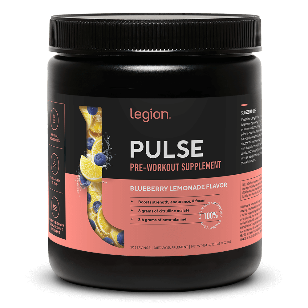 LEGION PULSE Pre Workout Drink – Blueberry Lemonade Flavor | Caffeine Free, Stim Free Formula for Clean Energy, Focus & Endurance