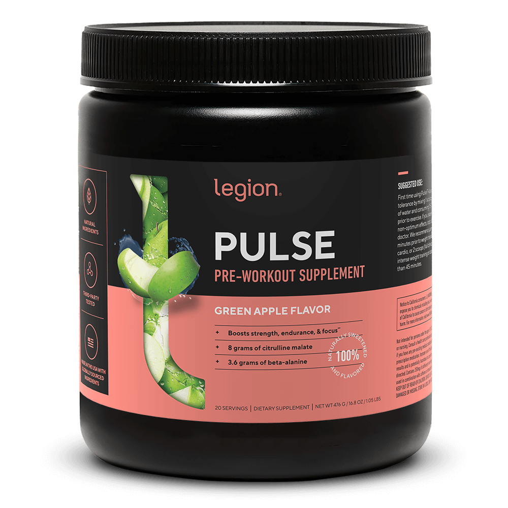 LEGION PULSE Pre Workout Drink – Green Apple Flavor | Caffeine Free, Stim Free Formula for Clean Energy, Focus & Endurance