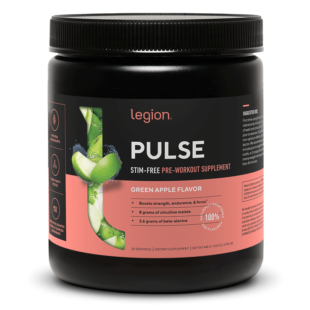 LEGION PULSE Stim Free Pre Workout Drink – Green Apple Flavor | Caffeine Free Energy, Endurance & Focus Booster