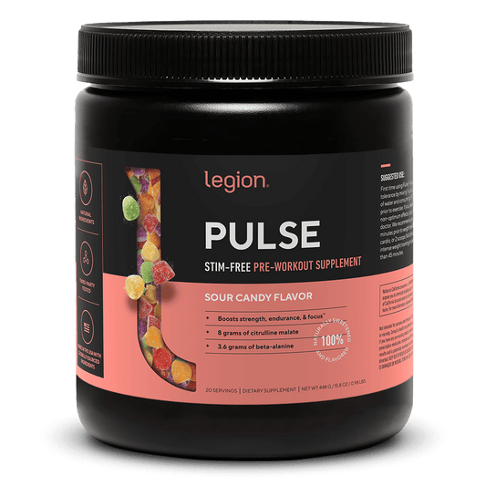 LEGION PULSE Stim Free Pre Workout Drink – Sour Candy Flavor | Caffeine Free Pre Workout Supplement for Energy, Focus & Endurance