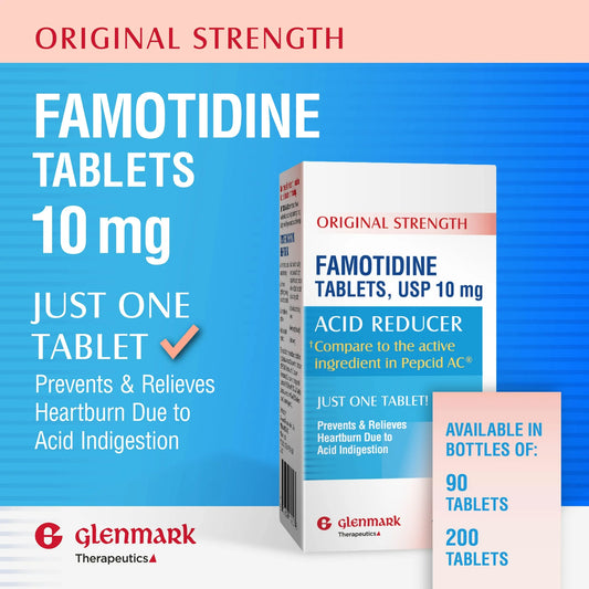 Glenmark Famotidine 10mg – Original Strength Acid Reducer & Heartburn Relief (90ct)