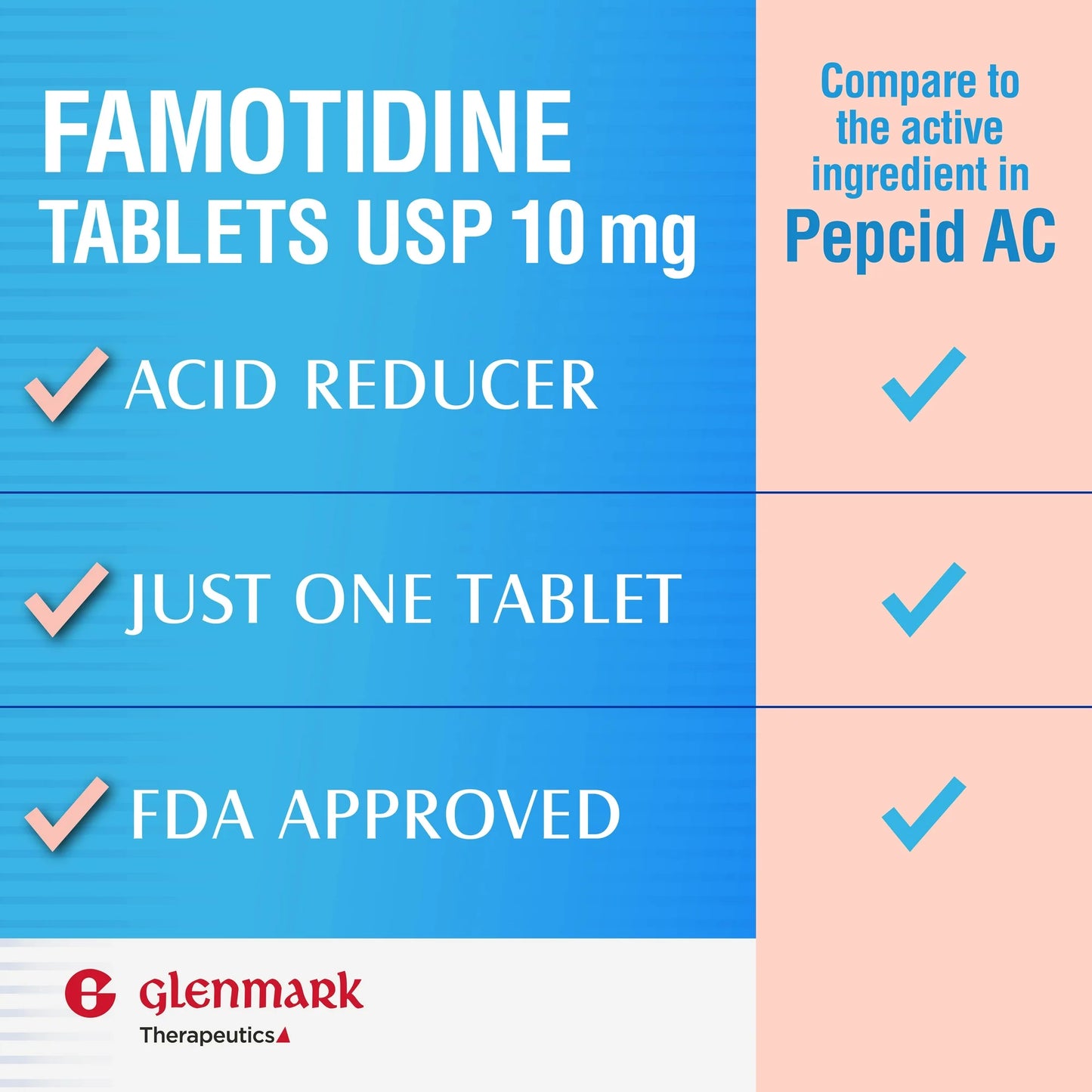 Glenmark Famotidine 10mg – Original Strength Acid Reducer & Heartburn Relief (90ct)