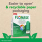 Flonase allergy relief nasal spray packaging with recyclable paper packaging text on a beige background
