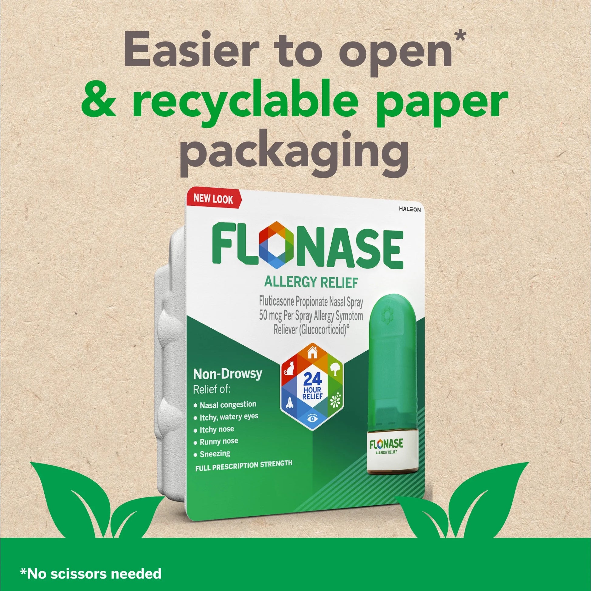 Flonase allergy relief nasal spray packaging with recyclable paper packaging text on a beige background
