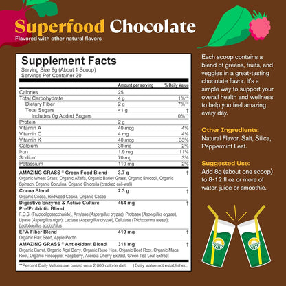Amazing Grass Greens Superfood Powder – Chocolate Flavor | Organic Greens, Digestive Enzymes & Probiotics | Spirulina, Chlorella & Beet Root Powder | 30 Servings