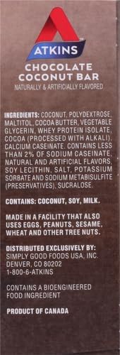 Atkins Endulge Chocolate Coconut Bar – Dessert Favorite | High Fiber, Low Sugar, Keto-Friendly Snack | 5 Count