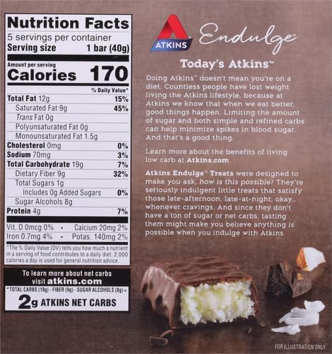 Atkins Endulge Chocolate Coconut Bar – Dessert Favorite | High Fiber, Low Sugar, Keto-Friendly Snack | 5 Count