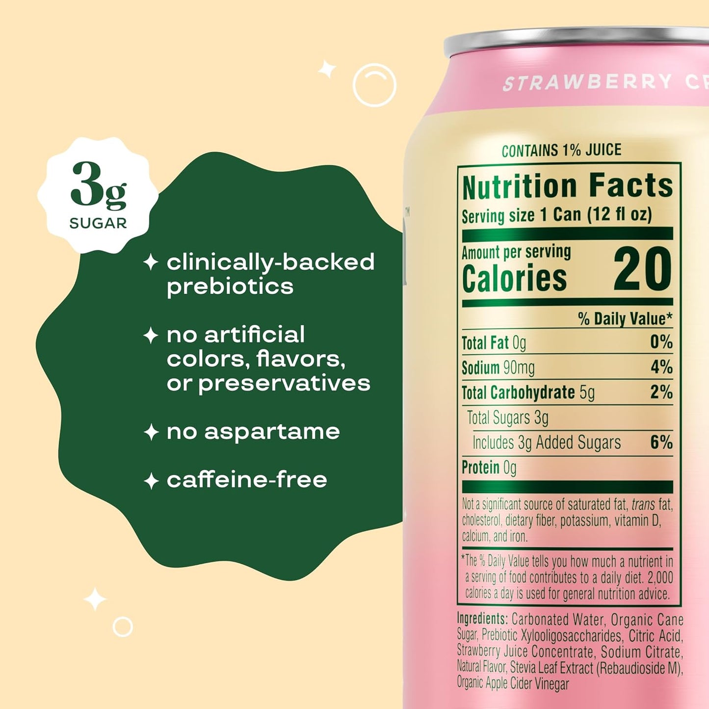 Bloom Pop Prebiotic Soda – Strawberry Cream, 12oz Cans (12 Pack) | Low-Calorie, Caffeine-Free Soft Drink Alternative for Gut & Digestive Health