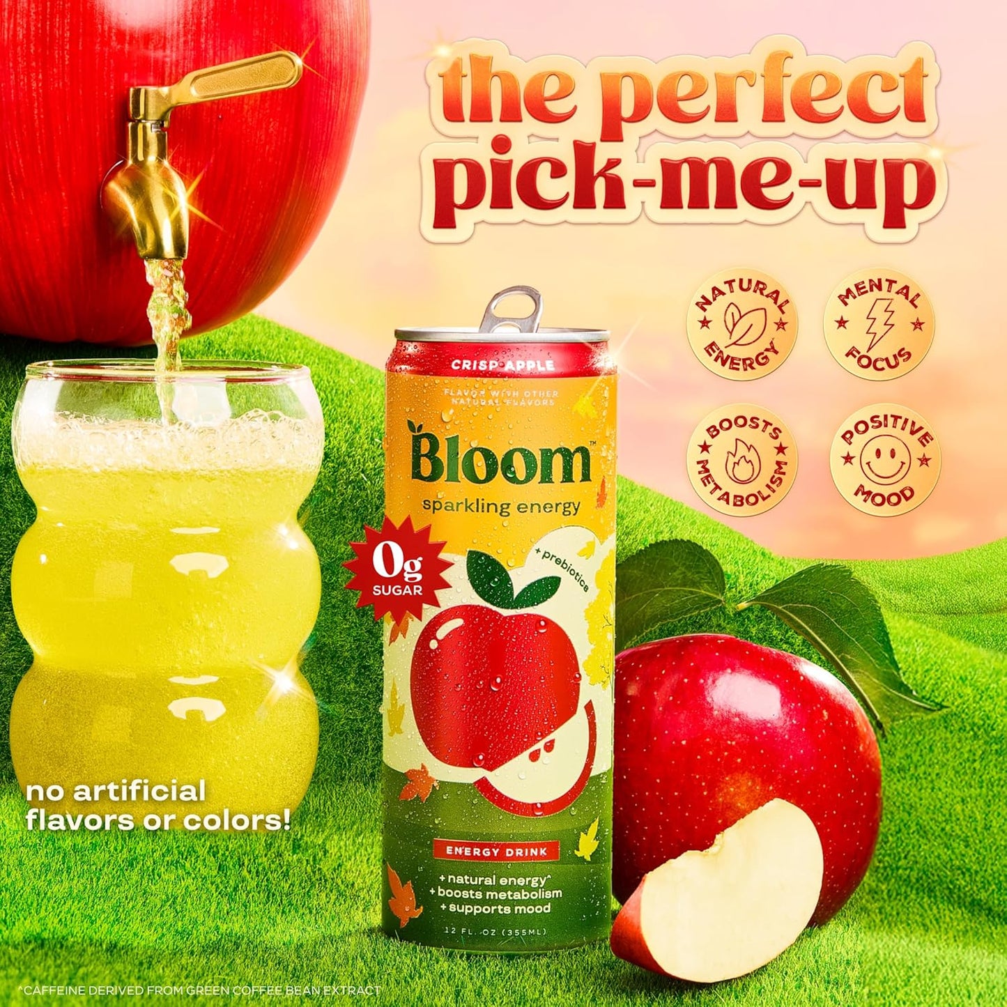 Bloom Nutrition Sparkling Energy Drink – Crisp Apple, 12oz (12 Pack)