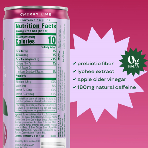 Bloom Nutrition Sparkling Energy Drink – Cherry Lime, 12oz (12 Pack)