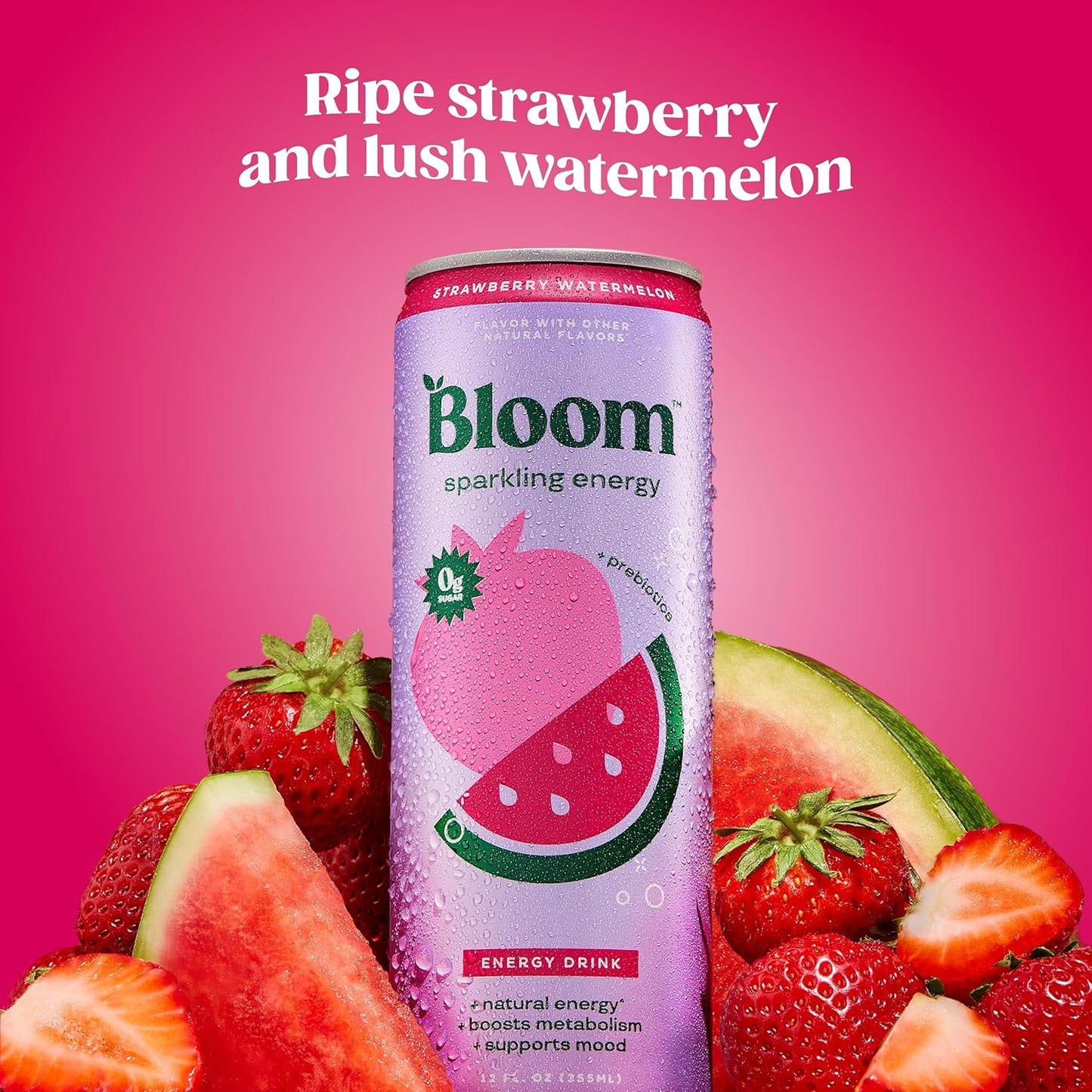Bloom Nutrition Sparkling Energy Drink – Strawberry Watermelon, 12oz (12 Pack)