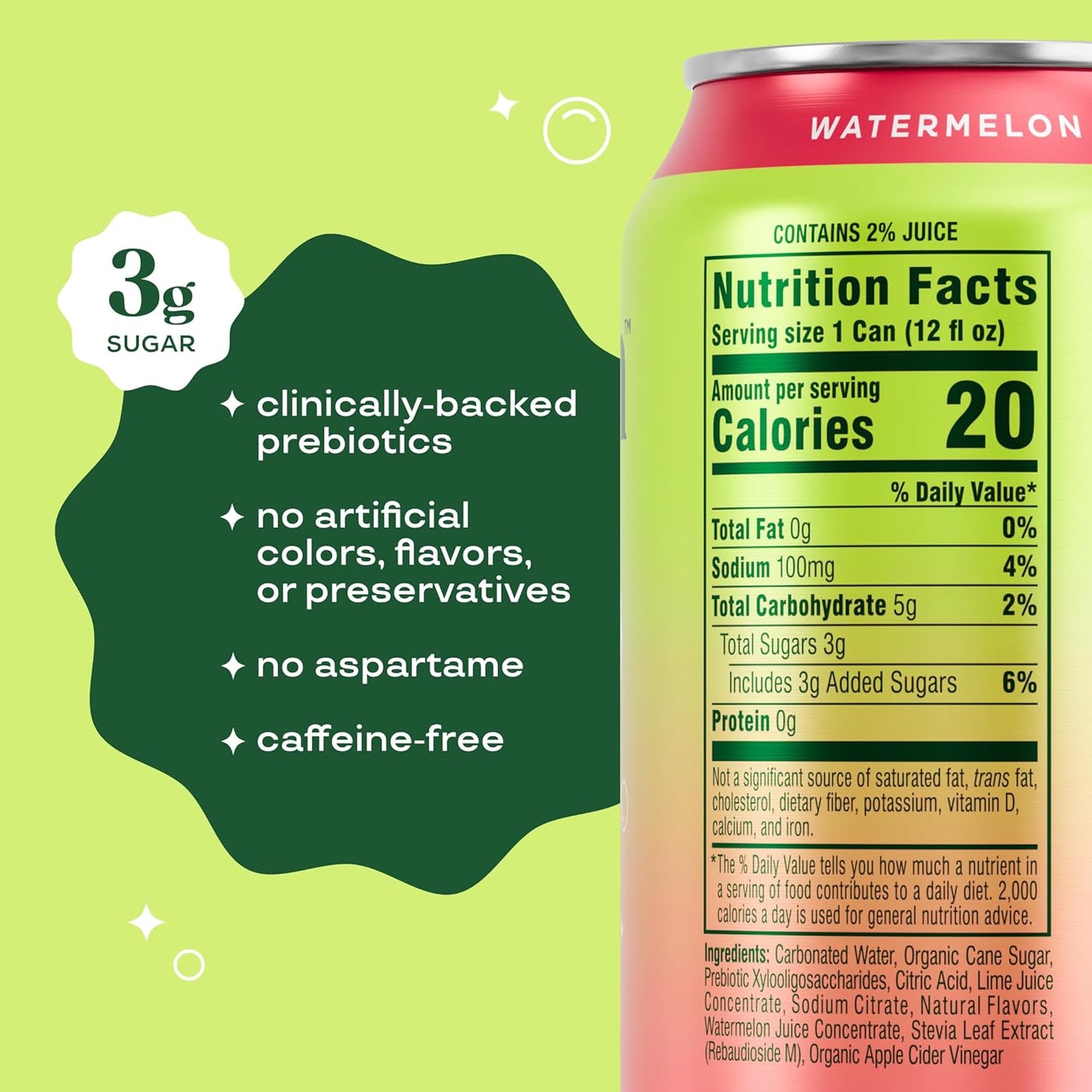 Bloom Pop Prebiotic Soda – Watermelon Lime, 12oz Cans (12 Pack) | Low-Calorie, Caffeine-Free Soft Drink Alternative for Gut & Digestive Health