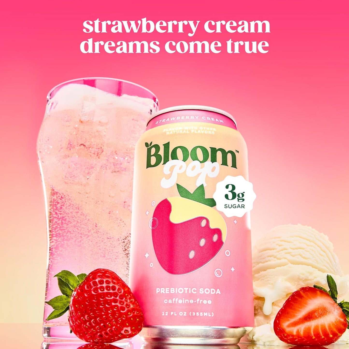 Bloom Pop Prebiotic Soda – Strawberry Cream, 12oz Cans (12 Pack) | Low-Calorie, Caffeine-Free Soft Drink Alternative for Gut & Digestive Health
