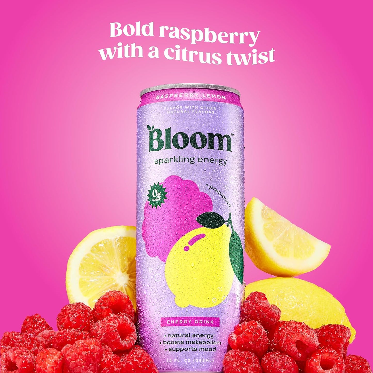 Bloom Nutrition Sparkling Energy Drink – Raspberry Lemon, 12oz (12 Pack)