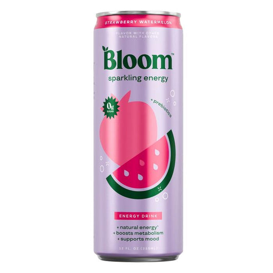 Bloom Nutrition Sparkling Energy Drink – Strawberry Watermelon, 12oz (12 Pack)