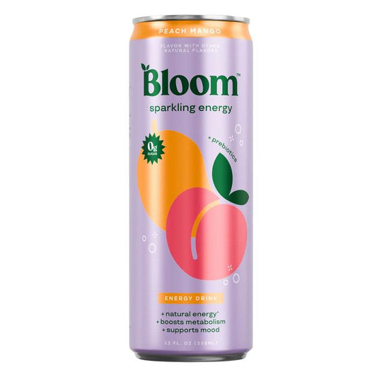 Bloom Nutrition Sparkling Energy Drink – Peach Mango, 12oz (12 Pack)