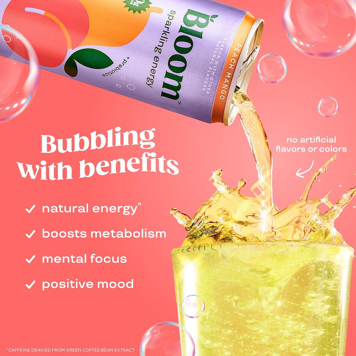 Bloom Nutrition Sparkling Energy Drink – Peach Mango, 12oz (12 Pack)