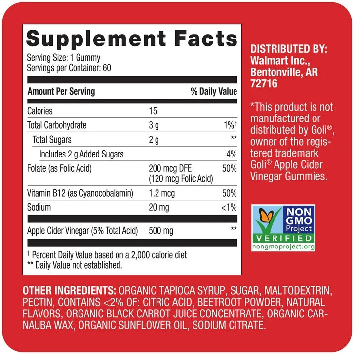 Equate Apple Cider Vinegar Dietary Supplement Gummies, 500 mg, 60 Ct