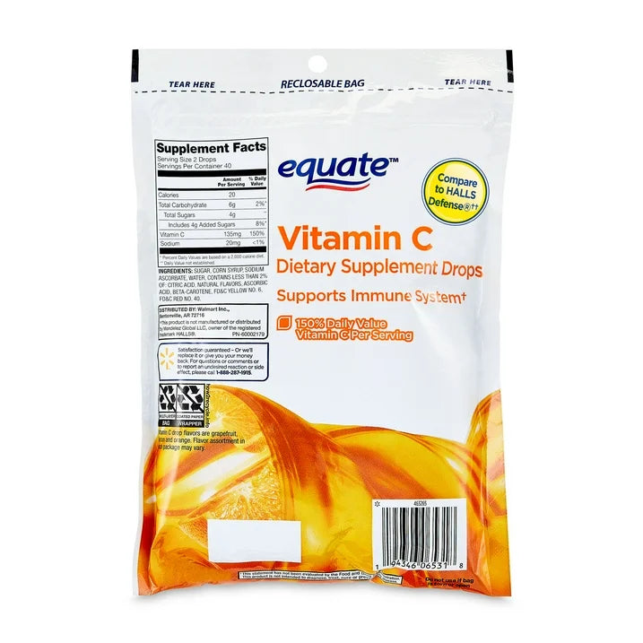 Equate Vitamin C Immune Support Drops, Citrus Assorted Flavors, 80 Counts, Comparable to HALLS Defense
