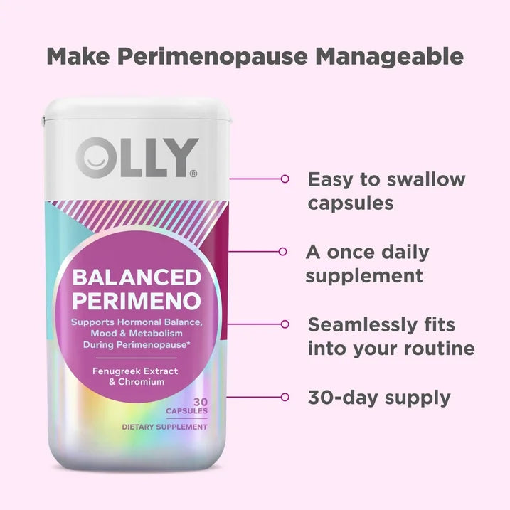 OLLY Balanced Perimeno Capsules, 30 Count | Fenugreek Extract & Chromium Supplement for Perimenopause Support