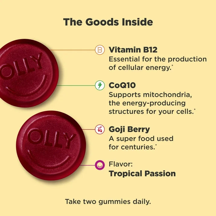 OLLY Daily Energy Gummies, 60 Count | Vitamin B12, CoQ10 & Goji Berry for Natural Energy Support | Tropical Passion Flavor