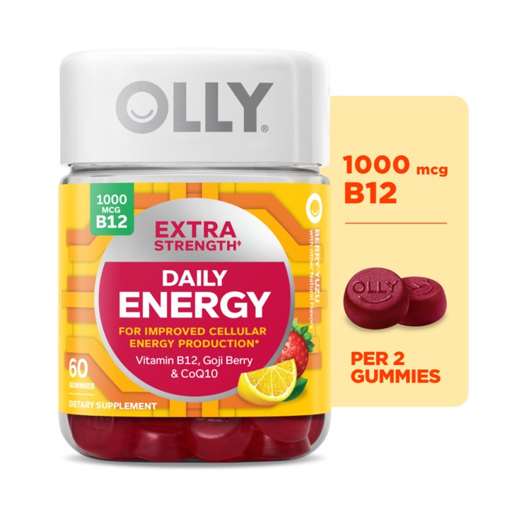 OLLY Extra Strength Daily Energy Gummies, 60 Count | 1000 mcg Vitamin B12 Supplement for Energy Support
