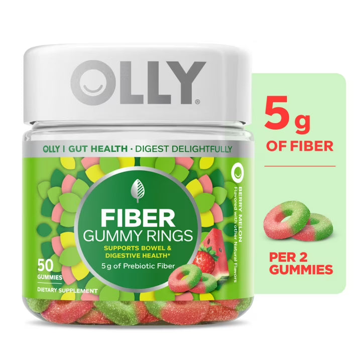 OLLY Fiber Gummy Rings, 50 Count | 5g Prebiotic Fiber with FOS for Digestive Support | Strawberry Watermelon Flavor