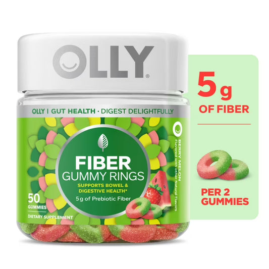 OLLY Fiber Gummy Rings, 50 Count | 5g Prebiotic Fiber with FOS for Digestive Support | Strawberry Watermelon Flavor