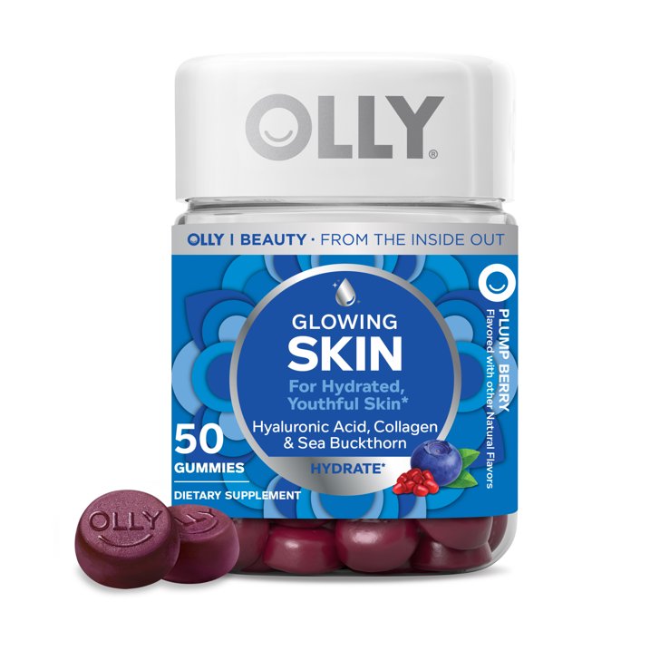OLLY Glowing Skin Gummies, 50 Count | Hyaluronic Acid, Collagen Peptides & Sea Buckthorn for Hydrated, Healthy-Looking Skin | Plump Berry Flavor