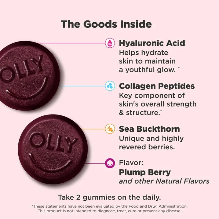 OLLY Glowing Skin Gummies, 50 Count | Hyaluronic Acid, Collagen Peptides & Sea Buckthorn for Hydrated, Healthy-Looking Skin | Plump Berry Flavor
