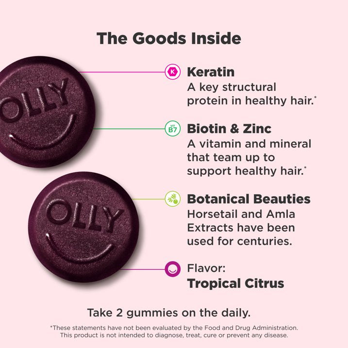 OLLY Heavenly Hair Gummies, 60 Count | Keratin, Biotin, Amla & Zinc for Strong, Healthy-Looking Hair | Tropical Citrus Flavor