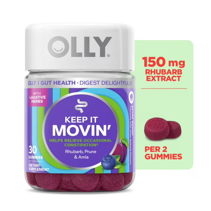 OLLY Keep It Moving Gummies, 30 Count | Constipation Support with Rhubarb, Prune & Amla Extract | Plum Berry Flavor