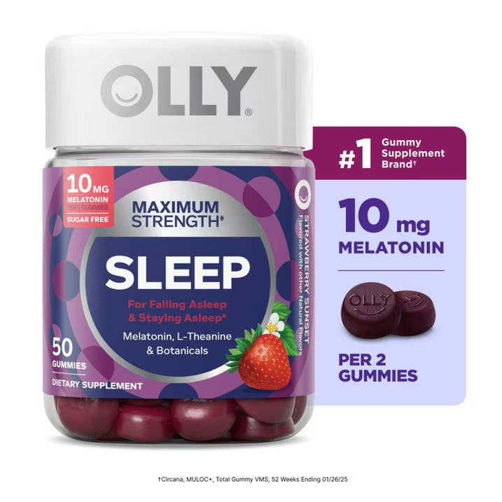 OLLY Maximum Strength Sleep Gummies, 50 Count | 10 mg Melatonin with L-Theanine | Strawberry Flavor Sleep Support